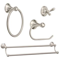 a set of bathroom accessories including two towel bars and one toilet paper holder, all in stainless steel