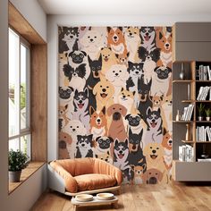 a living room filled with furniture and lots of dogs on it's wallpaper