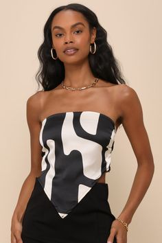 Iris Black and Ivory Abstract Satin Strapless Handkerchief Top Chic White Tube Top, Chic White Tube Top For Night Out, White Bandeau Top For Evening, White Evening Bandeau Top, Trendy White Tube Top For Party, Handkerchief Top, Handkerchief Style, Top Satin, Strapless Neckline