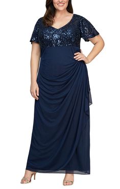 Sparkle and shine in this stunning dress! Flutter sleeves elevate this classic silhouette, giving you a modern silhouette, without being fussy. This look is a must have. Plus Size Long Gown, Mock Dress, Empire Waist Gown, Alex Evenings, Empire Waist Dress, Empire Dress, Review Dresses, Long Sleeve Short Dress, A Line Gown