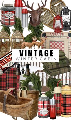 vintage winter cabin collage with deer head, plaid blanket and other items for sale