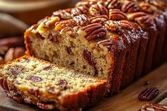 a loaf of pecan bread on a cutting board next to sliced pecans and nuts