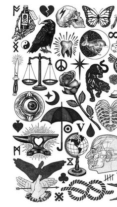 an image of various symbols and things in black and white