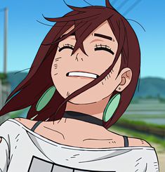 an anime character with long hair and big green earrings, looking at the camera