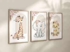 three framed pictures of animals hanging on the wall