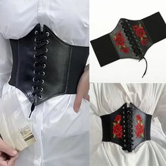 Women's Sexy Fashion Corsets Wide Belts Rose Embroidered PU Leather Slimming Body Elastic Waistband for Dress Coat Shirt Decor Gothic Mode, Wide Belts, Corset Fashion, Gothic Corset, Y2k Clothes, Vintage Band, International Fashion