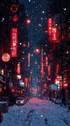 a snowy city street at night with neon lights and signs on the buildings all around