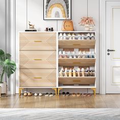 Transform your cluttered entryway hallway into a clean and organized space with this shoe storage cabinet, equipped with 3 drawers, providing ample storage for all of your shoes, keeping them easily accessible in entrance.. This shoe cabinet is designed with flip doors, the interior of each drawer is lined with adjustable and removable dividers, so you can create customized storage solution to meet your different needs, also protect shoes from dust.. This slim shoe cabinet boasts a sleek and elegant design, with a crisp white finish accented by light symmetrical wood grain patterns on the drawer fronts, match with gleaming gold handles, add a touch of sophistication and luxury to the overall look.. Equipped with 3 drawers, providing ample storage for all of your shoes, keeping them easily Credenza Shoe Storage, Fold Out Shoe Storage, Stylish Shoe Storage, Shoe Entrance Storage, Small Foyer Shoe Storage, Front Door Shoe Storage Entryway Small Spaces, Shoe Station Entryway, Shoes Drawer Storage, Shoe Rack Ideas Entryway Front Door