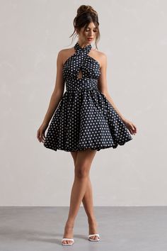 Levie Navy Polka Dot Halter-Neck Mini Dress – Club L London - USA Navy Base, Club L London, Black Dress Prom, Black Tie Gala, Party Dress Long Sleeve, Bridesmaid Outfit, Black Sequin Dress, Black Velvet Dress, Skirt Mini