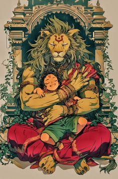 a drawing of a lion holding a baby on top of it's back,