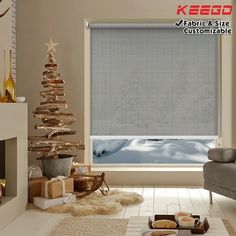 a living room with a christmas tree in the corner and a window covered in blinds