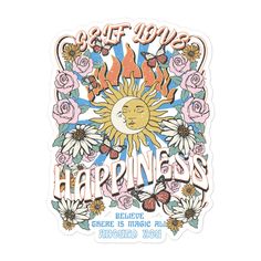 an image of a sun and flowers with the words happyness on it in pink, blue