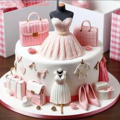 a cake decorated with pink and white items for a woman's birthday or bridal party