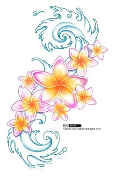 an image of flowers with swirls and waves on the side of a white background