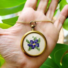 Vintage Floral Cross Stitch Sewing Pin Cushion Pendant Necklace. Chain approx 27", pendant approx 2.25" long with bail.  . . estate jewelry classic dainty elegant gift gifts present presents stocking stuffers chains pendants charms charm flower flowers purple gold tone long boho bohemian  J44 Sewing Pin Cushion, Chains Pendants, Stitch Sewing, Jewelry Classic, Flowers Purple, Floral Cross, Floral Cross Stitch, Pin Cushion, Accessories Jewelry Necklace