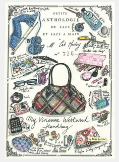 an image of a handbag with many items on it and the words, my purse is