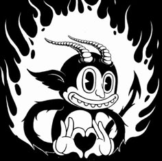 a black and white drawing of a demon with horns on it's head in flames