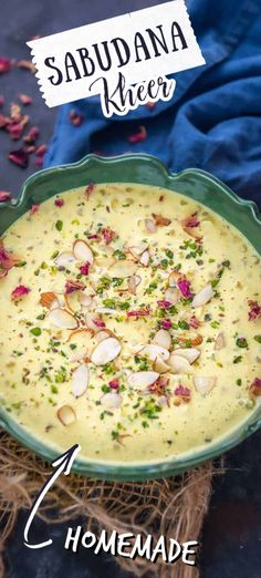 the recipe for sabudana rice is shown in a green bowl on a blue cloth