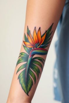 a colorful bird of paradise tattoo on the arm