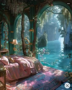 an image of a fantasy bedroom with water and trees in the background, as well as a pink bed spread