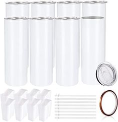 white plastic bottles with lids and straws next to each other on a white background