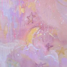 an abstract painting with stars and clouds in pastel pinks, golds and blues