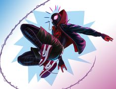 a spider - man flying through the air in front of a blue and pink background