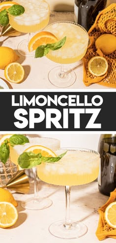 the lemoncello spritz cocktail is garnished with basil and served in coupe glasses