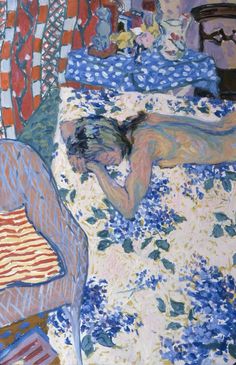 a painting of a person laying on a bed in a room with red, white and blue bedspread