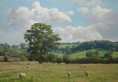 a painting of sheep grazing in a field