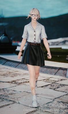 a woman wearing glasses and a skirt walking down the street