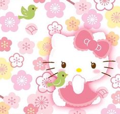 a hello kitty wallpaper with flowers and birds