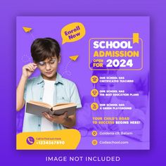 a purple and yellow school graduation flyer with a boy holding an open book in his hand