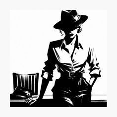 a black and white drawing of a woman in a hat sitting at a table with a chair