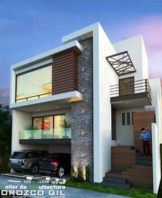 this is a 3d rendering of a modern house with two levels and an attached garage