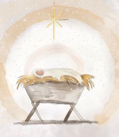 a painting of a baby jesus in a manger with a star above it and snow falling on the ground