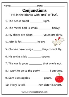 the worksheet for conjunctions with an apple