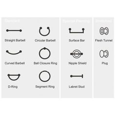 the different types of piercings are shown in black and white, as well as text