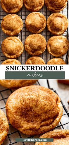 a batch of cinnamon sugar cookies on a cooling rack with the words, snickkerdoodle