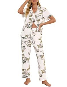 PRICES MAY VARY. 【Soft Pajamas For Women】This women's pajama set is made of soft viscose fabric, which is lightweight, breathable, stretchy, and comfortable, keeping you easeful while sleeping at night. 【Two-Piece Pjs Set】This sleep sets features a full button down shirt that is easy to get on and off, this great feature also makes it perfect for nursing your newborn at home or in the hospital. 【Button Up Pajamas Set】Short sleeve button front top with contrast piping, one chest pockets, notch co Karen Neuburger Pajamas, Women’s Pjs, Floral Print Sleepwear Long Pants For Loungewear, Floral Print Sleepwear For Pajama Party, Floral Print Sleepwear With Relaxed Fit Long Pants, Floral Print Relaxed Fit Pajamas, Floral Print Relaxed Fit Long Sleepwear Pants, Button Up Pajamas, Button Front Top