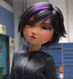 an animated character with purple hair and black leather clothes in a school room, looking into the distance