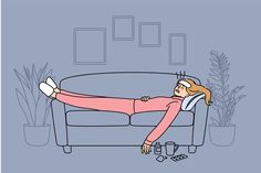 a woman is laying on the couch with her legs spread out and feet propped up