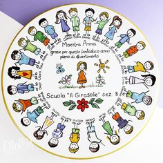 a plate with children's drawings on it sitting on a purple and white surface