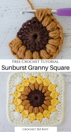 the sunflower granny square crochet pattern is shown in three different colors and sizes