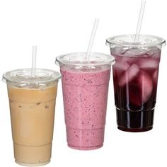 three different types of drinks with straws in each cup and one is filled with liquid