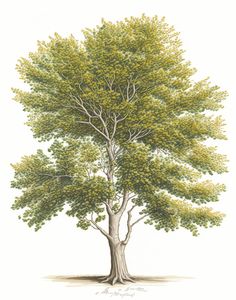 a drawing of a large tree with green leaves on it's trunk and branches