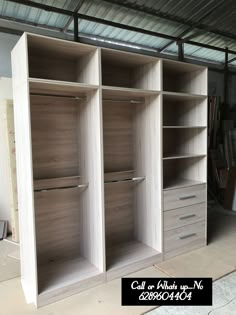 an unfinished closet is shown with drawers and shelves