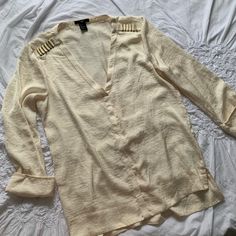 Size 6 From H&M - Actually Never Worn, Just Been In My Closet Forever And Tried On. Has Cute Gold Bead Detail On Shoulders. Please Note Listing As A Small Although It Is Technically A Size 6. H&m V-neck Blouse For Spring, H&m V-neck Summer Blouse, H&m V-neck Blouse For Summer, Chic H&m V-neck Blouse, H&m V-neck Tops For Day Out, H&m Blouse For Day Out In Fall, H&m Blouse For Fall Day Out, Elegant H&m Tops For Day Out, H&m Cream Long Sleeve Top