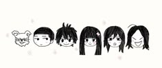 the faces of five people with different hair styles and hairstyles, all drawn by hand