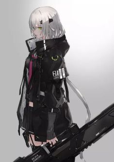 Anime picture 848x1200 with 		original		yucca-612 (neco)		long hair		single		tall image		looking at viewer		fringe		simple background		green eyes		hair between eyes		standing		ponytail		silver hair		pleated skirt		grey background		zettai ryouiki		open jacket		girl		thighhighs		skirt Anime Military, Girls Frontline, White Hair, Character Concept